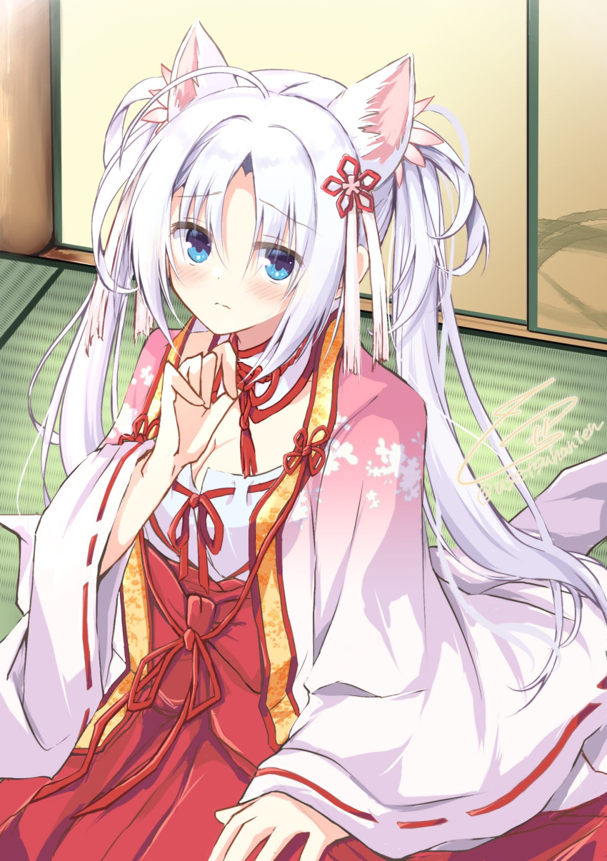 1girl animal_ear_fluff animal_ears architecture blue_eyes blush breasts cleavage closed_mouth commentary_request cowboy_shot detached_collar east_asian_architecture eyes_visible_through_hair floral_print frown hair_between_eyes hakama hakama_skirt hand_up highres indoors japanese_clothes kimono large_breasts long_hair long_sleeves looking_at_viewer miko parted_bangs print_kimono red_hakama red_tassel ribbon-trimmed_sleeves ribbon_trim senren_banka shy signature sitting skirt solo split_mouth tomotake_yoshino twintails usetsusakon2 very_long_hair white_hair white_kimono wide_sleeves wolf_ears