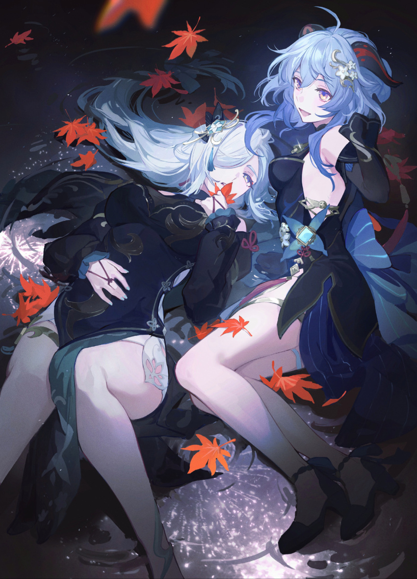 2girls :d absurdres ahoge black_dress black_gloves black_sleeves blue_footwear blue_hair commentary_request d00rlife detached_sleeves dress fireworks full_body ganyu_(genshin_impact) ganyu_(twilight_blossom)_(genshin_impact) genshin_impact gloves goat_horns grey_hair hair_over_one_eye hand_up high_heels highres horns leaf long_hair lying maple_leaf multiple_girls official_alternate_costume on_back open_mouth purple_eyes reflection reflective_water shenhe_(frostflower_dew)_(genshin_impact) shenhe_(genshin_impact) sleeveless sleeveless_dress smile water