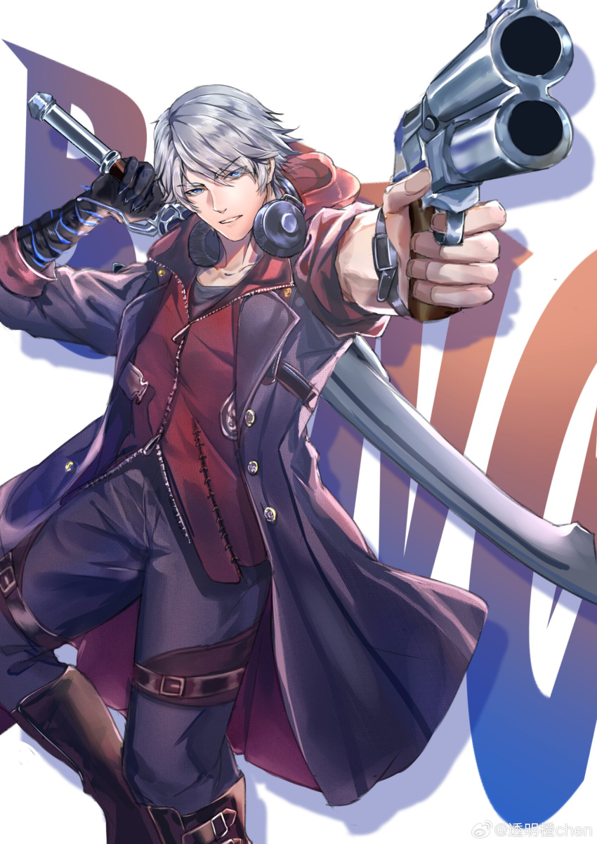 1boy absurdres aiming aiming_at_viewer black_gloves blue_eyes coat devil_bringer devil_may_cry_(series) finger_on_trigger fingerless_gloves gloves gun handgun highres holding holding_gun holding_weapon hood male_focus nero_(devil_may_cry) pointing_gun pointing_weapon solo sword weapon white_hair