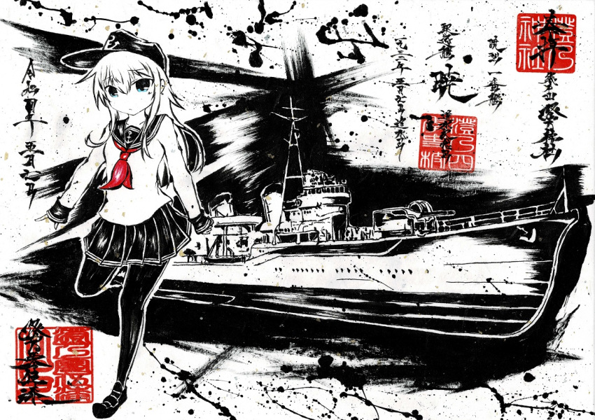 1girl anchor_symbol blue_eyes commentary_request flat_cap hat hibiki_(destroyer) hibiki_(kancolle) imperial_japanese_navy kantai_collection long_hair long_sleeves neckerchief pantyhose pleated_skirt recona_057 red_neckerchief sailor_collar school_uniform serafuku skirt translation_request