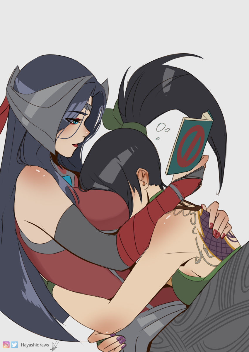 2girls absurdres akali artist_name back_tattoo between_breasts black_hair book breasts from_side green_shirt grey_background hayashidraws head_between_breasts highres holding holding_book hug irelia league_of_legends long_hair multiple_girls nail_polish open_book ponytail shirt simple_background tattoo yuri
