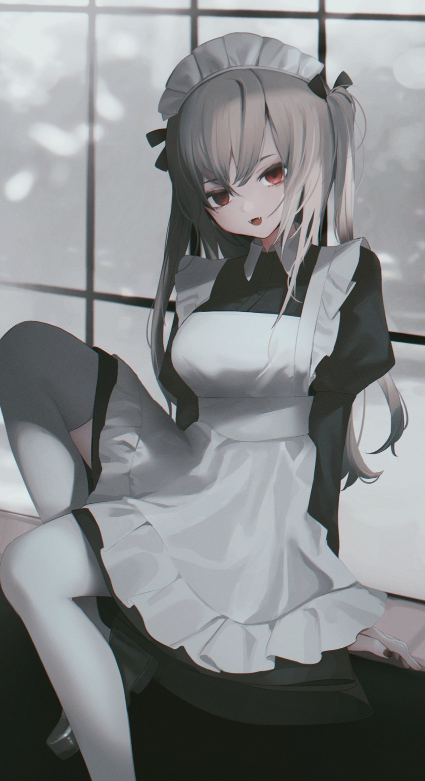 1girl :d absurdres apron black_dress black_nails breasts dress fangs frilled_apron frills grey_hair highres indoors juliet_sleeves long_hair long_sleeves looking_at_viewer maid maid_headdress medium_breasts migihidari_(puwako) nail_polish open_mouth original puffy_sleeves red_eyes sitting smile solo thighhighs two_side_up white_apron white_legwear window windowsill