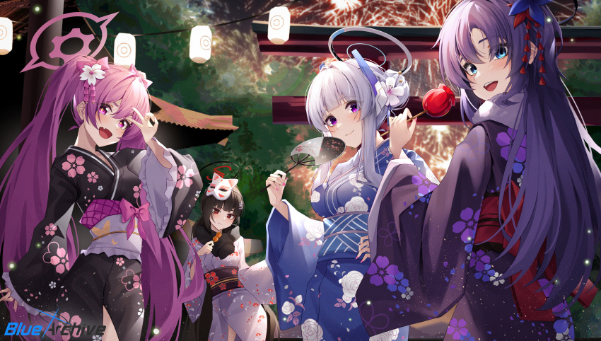 4girls absurdres aerial_fireworks black_hair black_kimono blue_archive blue_eyes blue_kimono blush candy_apple closed_mouth commentary fang fireworks flower food fox_mask grey_hair grey_kimono hair_flower hair_ornament hairpin halo hand_fan hidel highres holding holding_fan holding_food japanese_clothes kimono koyuki_(blue_archive) long_hair long_sleeves mask mask_on_head mechanical_halo multiple_girls noa_(blue_archive) obi open_mouth paper_fan pink_eyes pink_hair pink_halo purple_eyes purple_hair purple_kimono red_eyes rio_(blue_archive) sash seminar_(blue_archive) skin_fang smile symbol-only_commentary torii twintails uchiwa v white_flower wide_sleeves yuuka_(blue_archive)