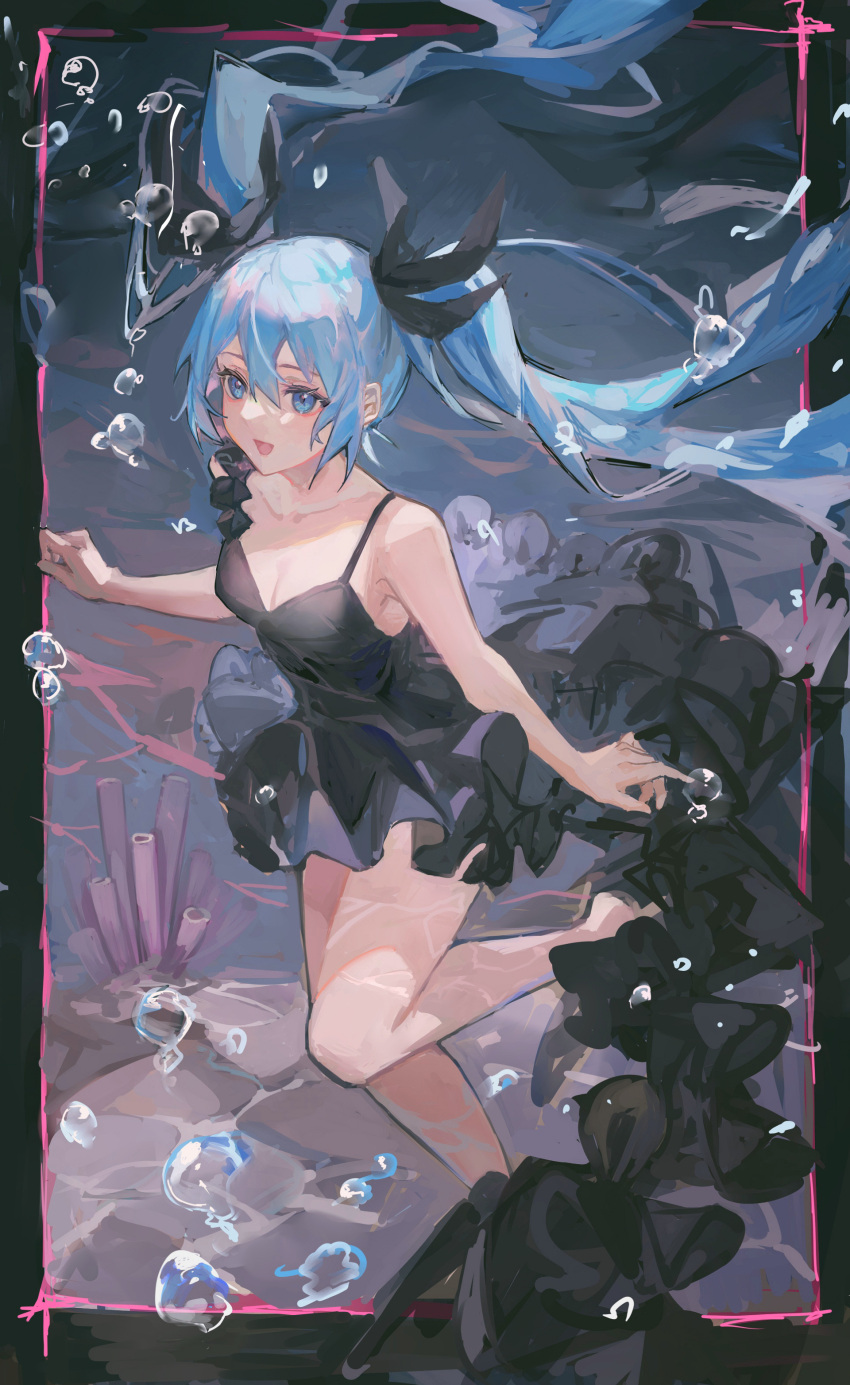 1girl absurdres armpit_crease bare_arms barefoot black_border black_dress black_ribbon blue_eyes blue_hair border breasts bubble cleavage collarbone coral dress esscelaibr foot_out_of_frame hair_between_eyes hair_ribbon hatsune_miku highres long_hair open_mouth ribbon shinkai_shoujo_(vocaloid) smile solo underwater very_long_hair vocaloid