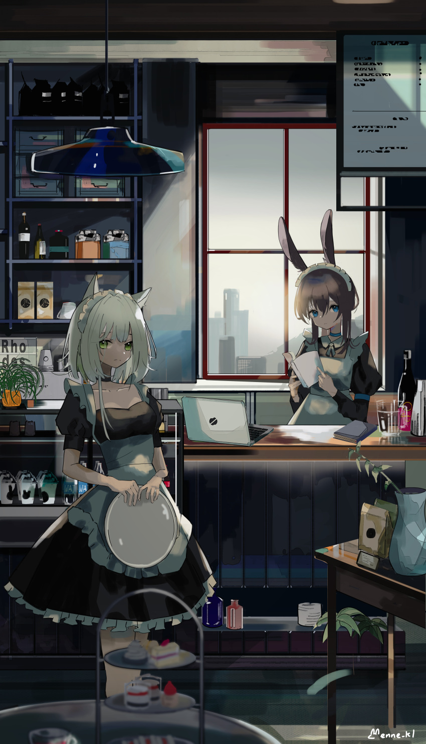 2girls absurdres alternate_costume amiya_(arknights) animal_ear_fluff animal_ears apron arknights artist_name backlighting bangs black_choker blue_eyes book breasts brown_hair cat_ears ceiling choker cleavage collarbone computer counter cup day dress enmaided enne_kl eyebrows_visible_through_hair frilled_dress frills green_eyes highres holding holding_book holding_tray indoors juliet_sleeves kal'tsit_(arknights) laptop long_sleeves maid maid_headdress medium_breasts multiple_girls open_book plant potted_plant puffy_short_sleeves puffy_sleeves rabbit_ears restrained serving_cart short_hair short_sleeves standing sunlight tiered_tray tray underbust white_apron white_hair
