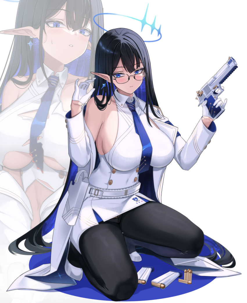 1girl ammunition black_hair black_pantyhose blue_archive blue_eyes blue_hair blue_halo blue_necktie blush breasts closed_mouth coat collared_dress colored_inner_hair desert_eagle dress earrings giga-tera gloves gun halo handgun high_heels highres holding holding_gun holding_weapon holster jewelry large_breasts long_hair long_sleeves magazine_(weapon) multicolored_hair multiple_views necktie open_clothes open_coat open_mouth pantyhose pointy_ears rin_(blue_archive) sideboob simple_background weapon white_background white_coat white_dress white_footwear white_gloves zoom_layer