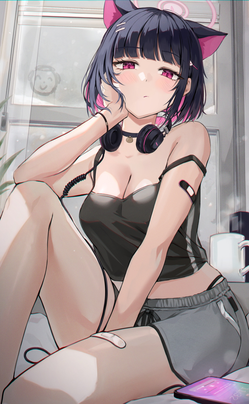 1girl absurdres animal_ears bandaid_on_thigh black_hair blue_archive blush breasts cat_ears cat_girl cleavage closed_mouth colored_inner_hair cup doodle_sensei_(blue_archive) extra_ears grey_shorts halo headphones headphones_around_neck highres kazusa_(blue_archive) looking_at_viewer luzzi_(milllim) medium_breasts multicolored_hair pink_eyes pink_hair pink_halo sensei_(blue_archive) short_hair shorts solo thighs two-tone_hair window