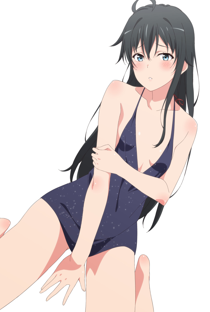 1girl absurdres ahoge black_dress black_hair blue_eyes blush breasts collarbone commentary_request commission dress highres holding_own_arm long_hair second-party_source shou937 simple_background skeb_commission small_breasts solo white_background yahari_ore_no_seishun_lovecome_wa_machigatteiru. yukinoshita_yukino