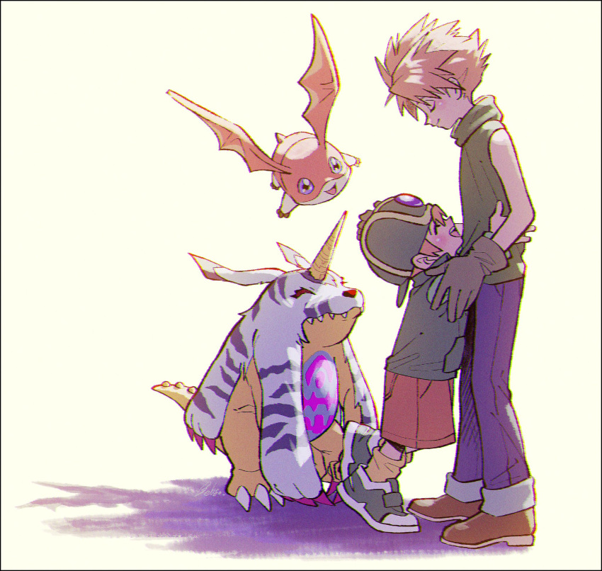 2boys ^_^ blonde_hair blue_eyes blue_pants brothers brown_shorts closed_eyes closed_mouth digimon digimon_(creature) digimon_adventure full_body gabumon gloves green_shirt hand_on_another's_head hat highres horns hug ishida_yamato kwsby_124 long_sleeves male_focus multiple_boys open_mouth pants patamon sharp_teeth shirt shoes shorts siblings simple_background single_horn sleeveless sleeveless_shirt socks spiked_hair standing takaishi_takeru teeth