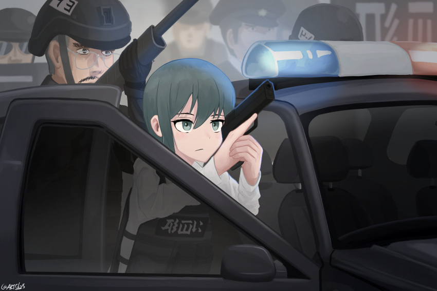 1girl 5boys absurdres aiming_up akts625 artist_name aviator_sunglasses black_gloves black_headwear black_jacket bulletproof_vest car chin_strap closed_mouth collared_shirt dress_shirt expressionless facial_hair glasses gloves green_eyes green_hair gun hair_between_eyes handgun hat helmet highres jacket kino_(kino_no_tabi) kino_no_tabi long_sleeves motor_vehicle multiple_boys mustache open_door peaked_cap police police_car shirt short_hair shotgun signature solo_focus sunglasses swat tomboy trigger_discipline upper_body very_short_hair weapon white_shirt