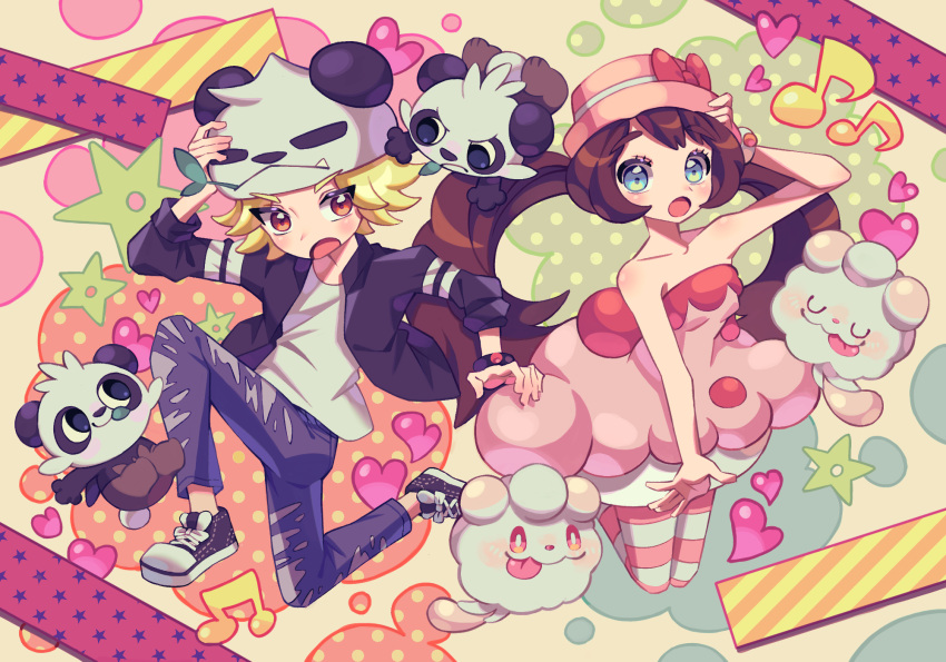 1boy 1girl :o adjusting_clothes adjusting_headwear animal_hat bad_arm bare_shoulders beamed_eighth_notes black_pants blonde_hair blue_eyes bow bracelet brown_eyes brown_hair calem_(pokemon) closed_eyes cosplay dress eighth_note hand_up hat hat_bow heart highres jewelry long_hair makimi_(zmaru_111111) mouth_hold musical_note pancham pangoro pangoro_(cosplay) pants pantyhose pink_bow pink_dress pink_headwear pokemon pokemon_(creature) pokemon_xy red_eyes serena_(pokemon) shoes slurpuff slurpuff_(cosplay) sneakers star_(symbol) striped_clothes striped_pantyhose swirlix tongue tongue_out twintails