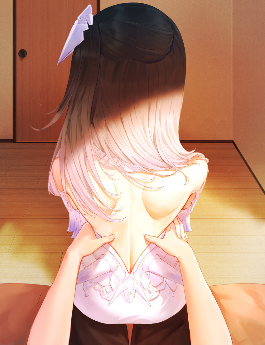 1boy 1girl absurdres backless_dress backless_outfit bed bedroom commandant_(punishing:_gray_raven) detached_sleeves door dress grey_hair headgear highres long_hair lucia:_plume_(dance_of_ripplets)_(punishing:_gray_raven) lucia_(punishing:_gray_raven) massage on_bed punishing:_gray_raven sitting sitting_on_lap sitting_on_person skaven_gongcheng_shushi spiked_dress white_dress