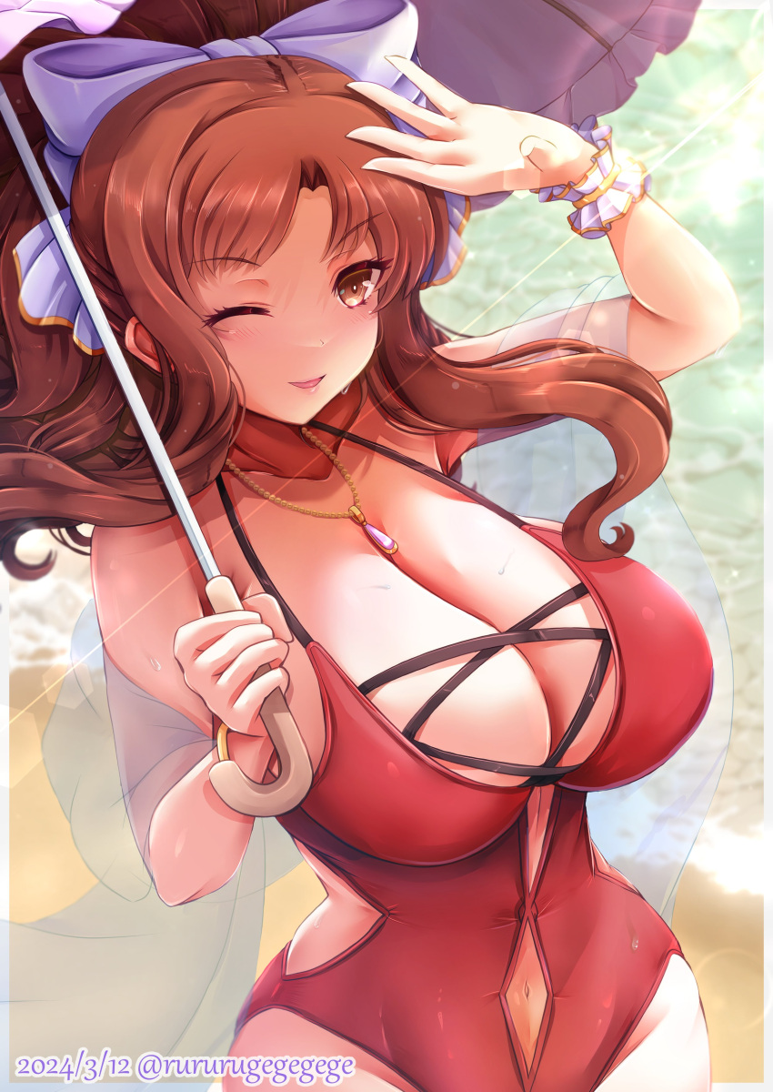 absurdres akino_(princess_connect!) beach bow breasts cleavage clothing_cutout collarbone dated hair_bow highres holding holding_umbrella large_breasts long_hair navel_cutout one-piece_swimsuit outdoors parasol pendant_collar princess_connect! red_hair red_one-piece_swimsuit rururugegegege swimsuit twitter_username umbrella