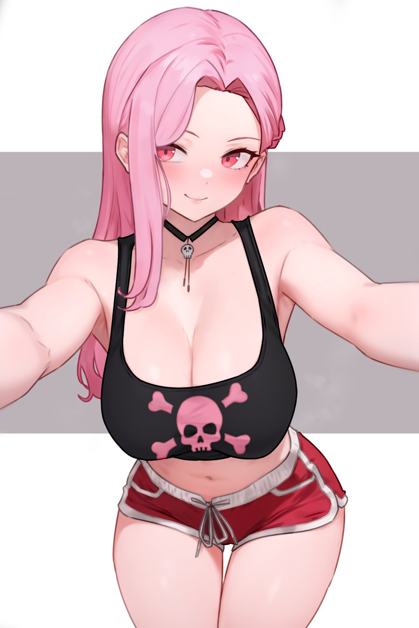 1girl absurdres black_tank_top bluefield breasts cleavage collarbone highres hololive hololive_english large_breasts long_hair looking_at_viewer mori_calliope pink_eyes pink_hair print_tank_top red_shorts short_shorts shorts skull_and_crossbones smile solo tank_top