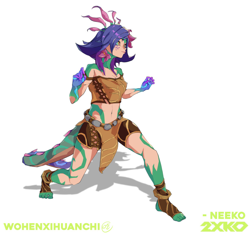 1girl absurdres artist_name bare_shoulders breasts brown_shorts brown_skirt closed_mouth colored_skin crop_top flipped_hair flower glowing_skin green_skin hair_flower hair_ornament hands_up highres hui_shuijiao_de_yu league_of_legends lizard_tail medium_hair midriff navel neeko_(league_of_legends) pink_flower purple_skin reptile_girl shorts skirt small_breasts smile solo stomach tail toeless_footwear