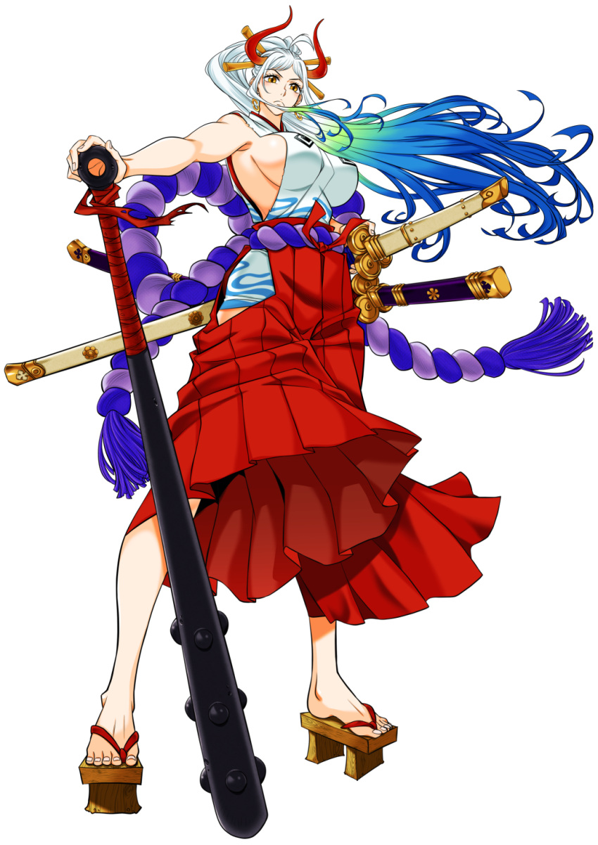 1girl ahoge alternate_breast_size arm_at_side armpits bare_arms bare_shoulders blue_hair breasts closed_mouth club_(weapon) commentary_request curled_horns earrings fingernails floating_hair full_body geta green_hair hair_ornament hair_stick hakama hakama_pants hanzaki_jirou high_ponytail highres hip_vent horns huge_breasts japanese_clothes jewelry kanabou kimono legs_apart long_hair looking_at_viewer multicolored_hair multicolored_horns one_piece oni orange_horns outstretched_arm pants red_horns rope scabbard serious sheath sheathed shimenawa sideboob simple_background sleeveless sleeveless_kimono solo standing sword toenails toes very_long_hair weapon white_background white_hair wind yamato_(one_piece) yellow_eyes