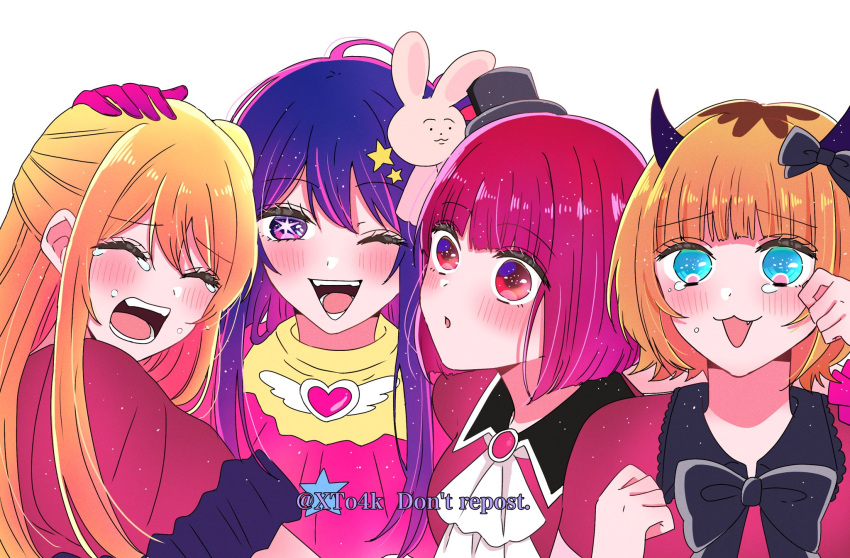 4girls :3 ;d alternate_universe arima_kana arm_up ascot black_bow black_bowtie black_headwear blonde_hair blue_eyes blunt_bangs blush bob_cut bow bowtie breasts brooch brown_hair closed_eyes collared_shirt crying curled_fingers demon_horns double-parted_bangs dress eyelashes facing_to_the_side facing_viewer fang furrowed_brow gloves hair_between_eyes hair_bow hair_ornament hand_on_another's_head hand_up hat heart heart_brooch highres horns hoshino_ai_(oshi_no_ko) hoshino_ruby jewelry long_bangs long_hair looking_ahead memcho mini_hat mother_and_daughter multicolored_clothes multicolored_dress multicolored_hair multiple_girls one_eye_closed one_side_up oshi_no_ko parted_lips purple_dress purple_eyes purple_gloves purple_hair purple_shirt rabbit_hair_ornament roots_(hair) shirt short_hair short_sleeves smile star-shaped_pupils star_(symbol) star_hair_ornament symbol-shaped_pupils tears teeth time_paradox top_hat triangle_mouth turning_head twitter_username two-tone_hair white_ascot white_background wing_brooch winged_heart wiping_tears xto4k yellow_dress