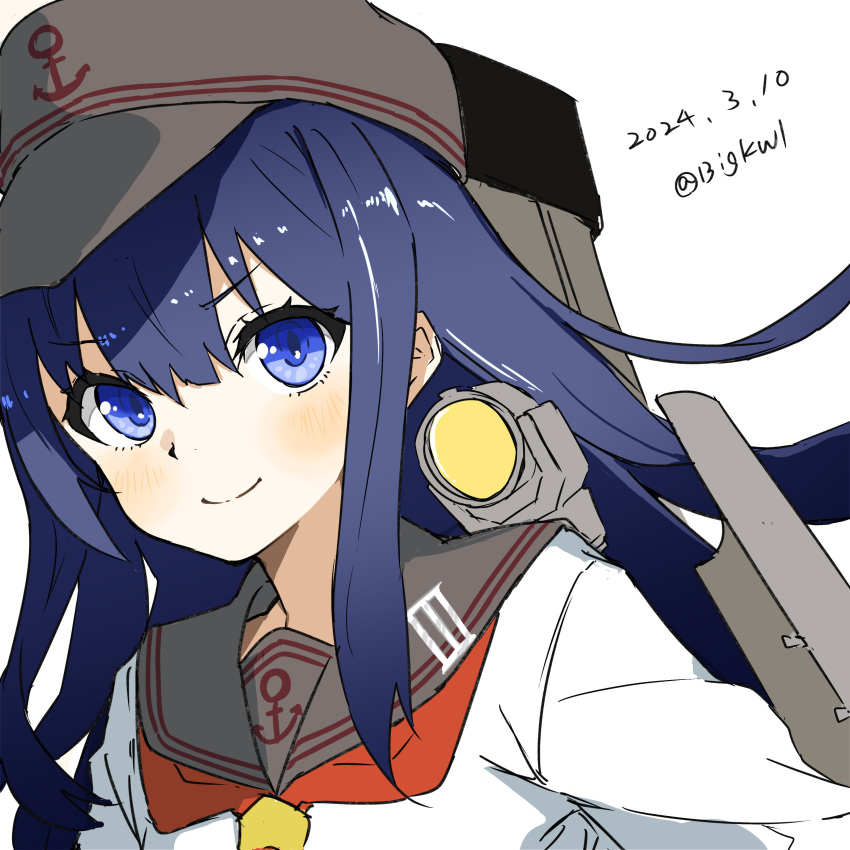 1girl absurdres akatsuki_(kancolle) akatsuki_kai_ni_(kancolle) bigkwl black_hair black_headwear black_sailor_collar blue_eyes dated flat_cap hat highres kantai_collection long_hair machinery neckerchief one-hour_drawing_challenge red_neckerchief sailor_collar searchlight smile solo twitter_username upper_body