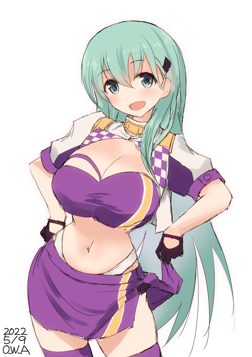 1girl aqua_eyes aqua_hair black_gloves commentary_request cosplay cowboy_shot cropped_jacket dated gloves gotland_(kancolle) gotland_(kancolle)_(cosplay) hair_ornament hairclip highres jacket kantai_collection long_hair looking_at_viewer one-hour_drawing_challenge owa_(ishtail) purple_bandeau purple_legwear purple_skirt race_queen simple_background skirt solo suzuya_(kancolle) thighhighs twitter_username white_background white_jacket