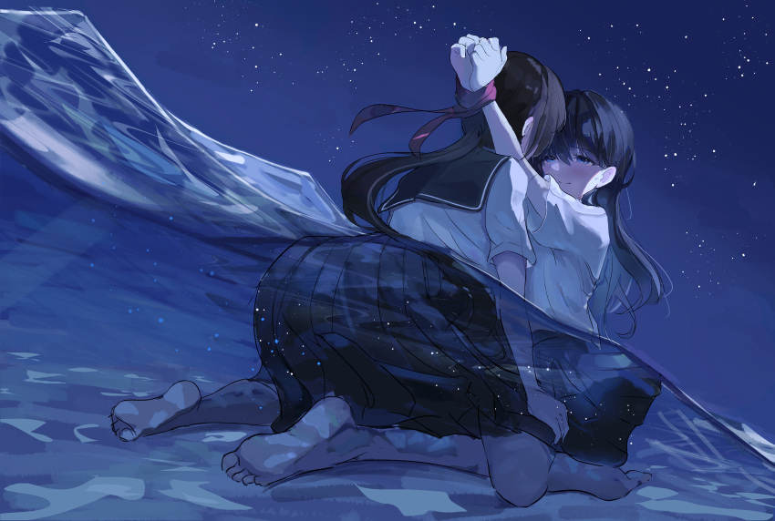 2girls absurdres barefoot black_hair black_sailor_collar black_skirt blue_eyes blush bound bound_wrists brown_hair gradient_sky hair_between_eyes hands_up highres long_hair looking_at_another low_ponytail multiple_girls night night_sky ocean original partially_underwater_shot pleated_skirt sailor_collar seiza shirt short_sleeves sidelocks simazuzuzuzu sitting skirt sky smile star_(sky) starry_sky white_shirt yuri