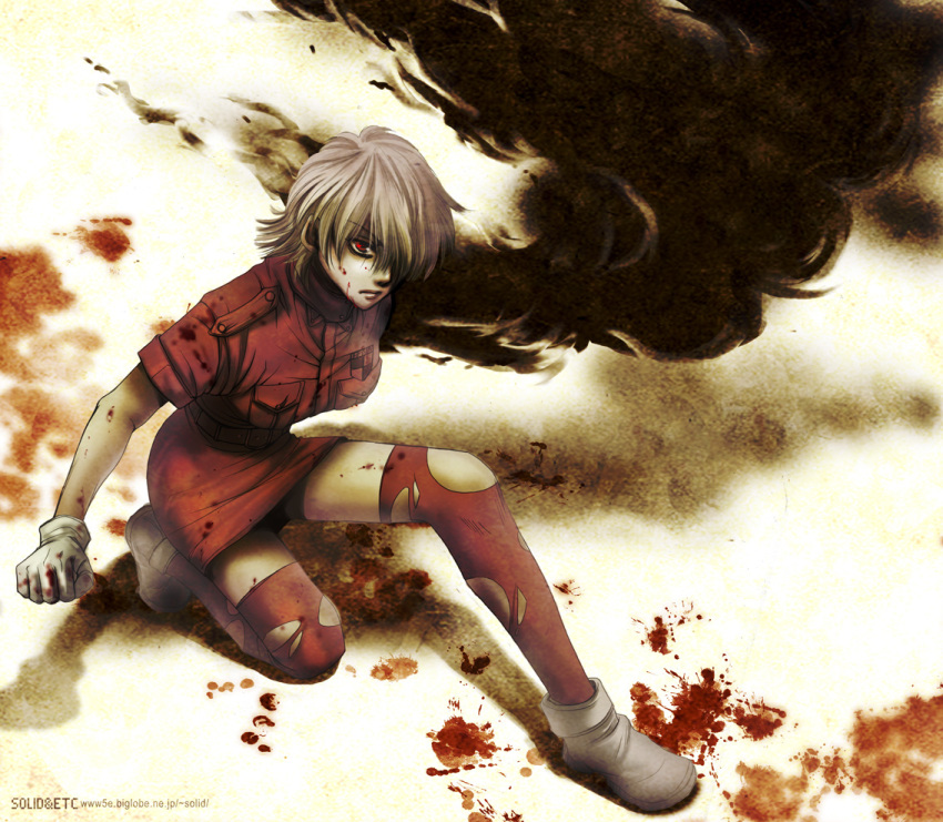 1girl amputee artist_name blonde_hair blood blood_on_arm blood_on_clothes blood_on_face blood_on_hands breasts darkness full_body gloves hair_over_one_eye hellsing light_frown medium_breasts miniskirt on_one_knee pencil_skirt red_eyes red_skirt red_thighhighs seras_victoria serious skirt solo thighhighs torn_clothes torn_thighhighs toshimichi_yukari v-shaped_eyebrows web_address white_gloves