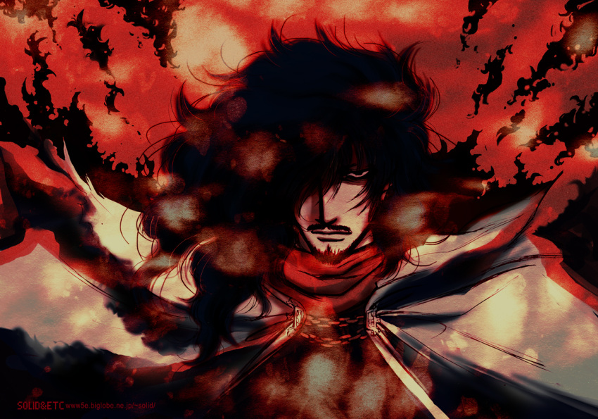 1boy alucard_(hellsing) artist_name black_hair cape chain expressionless facial_hair goatee hair_over_one_eye hellsing long_hair male_focus portrait red_scarf scarf solo toshimichi_yukari vlad_tepes_(hellsing) web_address white_cape