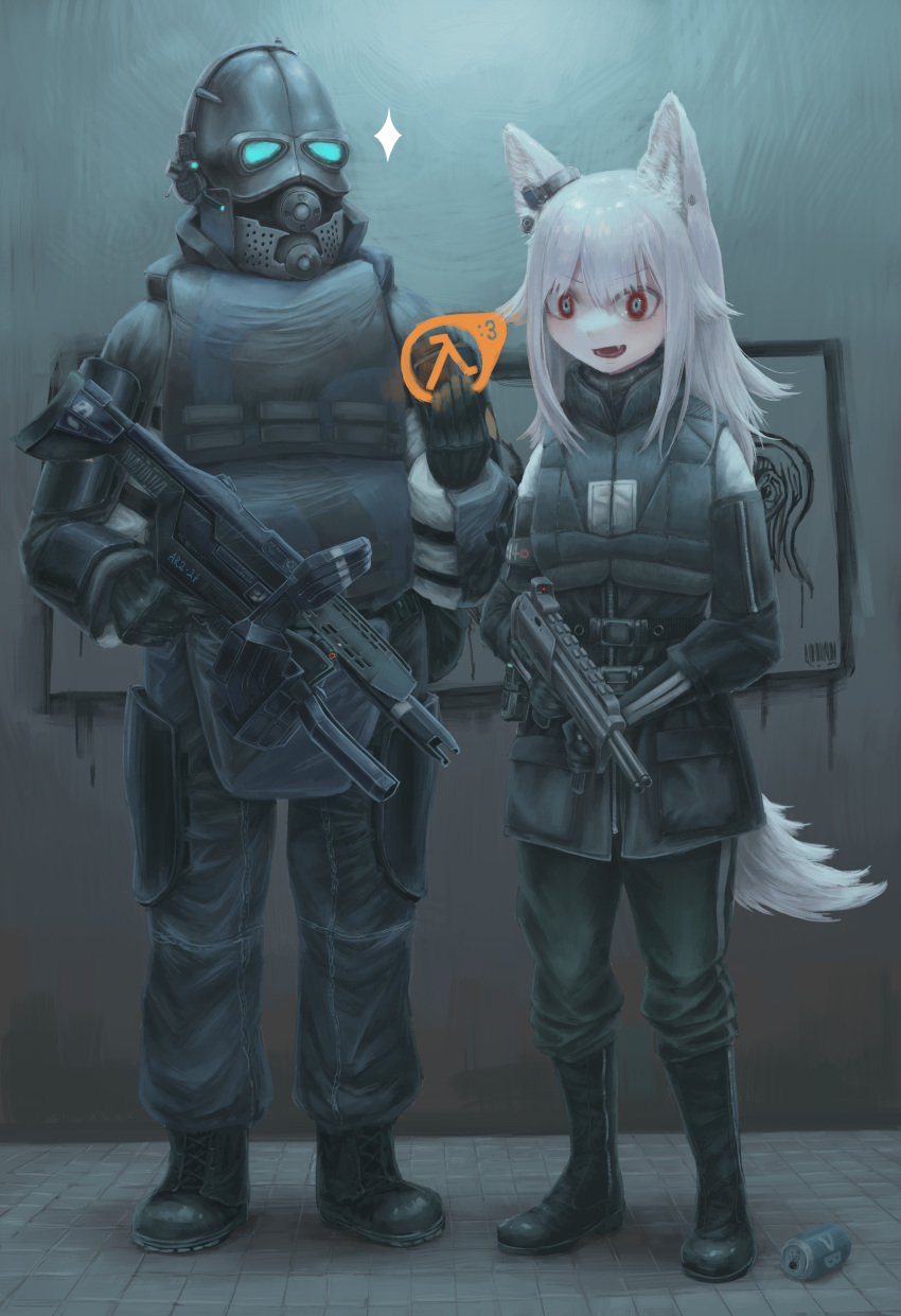 1boy 1girl absurdres animal_ear_fluff animal_ears black_footwear black_gloves body_armor boots can combine_soldier diu9you gloves grey_pants gun h&amp;k_mp7 half-life_(series) half-life_2 heckler_&amp;_koch highres long_hair original pants red_eyes submachine_gun tail tile_floor tiles weapon white_hair wolf_ears wolf_tail