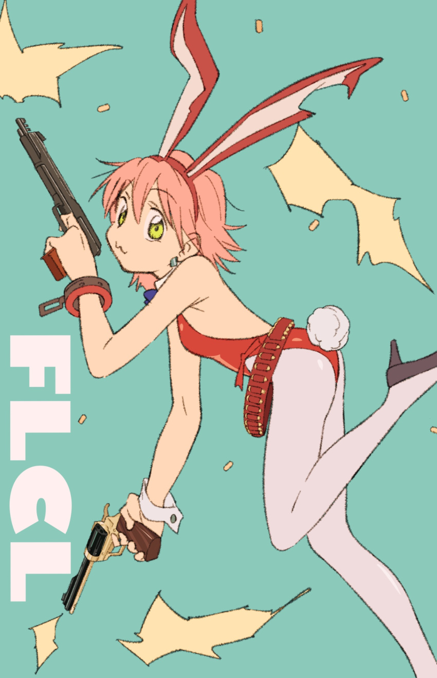 1girl :3 animal_ears breasts dual_wielding fake_animal_ears fake_tail flcl gun handgun haruhara_haruko high_heels highres holding leotard looking_at_viewer pantyhose pink_hair playboy_bunny rabbit_ears rabbit_tail red_leotard revolver semham short_hair small_breasts solo tail weapon weapon_request white_pantyhose yellow_eyes