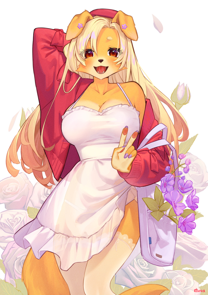 1girl animal_ears animal_nose arm_behind_head bag blonde_hair borrowed_character breasts cardigan cleavage dog_ears dog_girl dog_tail dress droopy_ears english_commentary etivka floral_background flower furry furry_female handbag hat highres large_breasts long_hair looking_at_viewer open_cardigan open_clothes open_mouth original pawpads purple_nails red_cardigan red_eyes red_headwear rose solo tail thighhighs v violet_(flower) white_background white_dress white_flower white_rose white_thighhighs