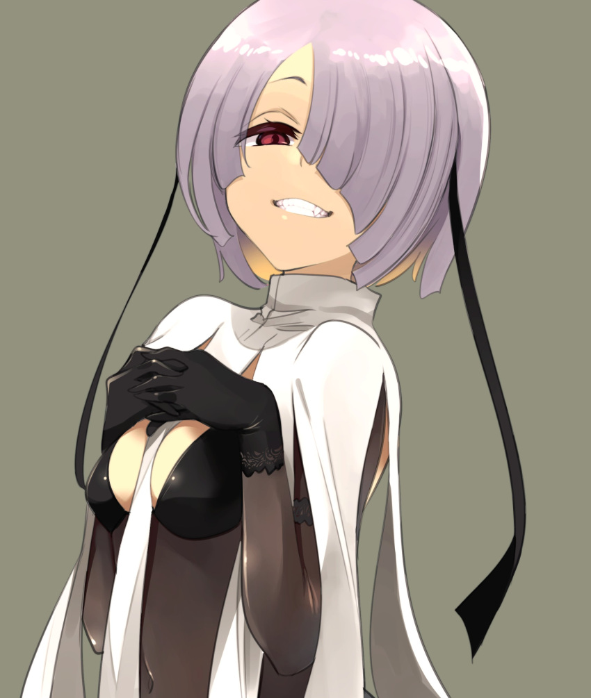 1girl absurdres asymmetrical_bangs black_gloves black_ribbon blunt_ends bodystocking breasts cape covered_navel genderswap genderswap_(otf) gloves grey_background grin hair_over_one_eye hair_ribbon half-closed_eyes highres ishiyumi long_bangs ma_no_mono-tachi own_hands_clasped own_hands_together parted_bangs purple_hair red_eyes ribbon simple_background small_breasts smile solo teeth upper_body white_cape