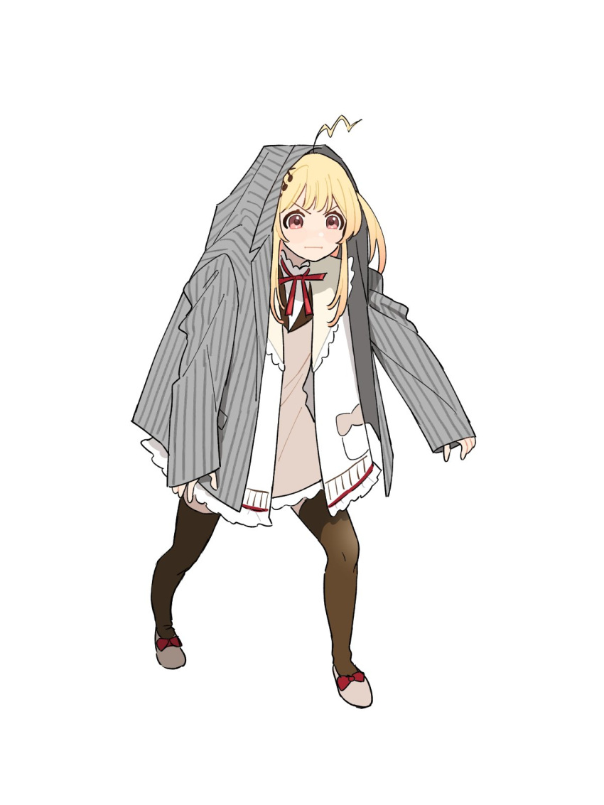 blonde_hair blush borrowed_clothes brown_dress brown_thighhighs coat coat_on_head commentary dress embarrassed grey_coat highres hiodoshi_ao hololive hololive_dev_is jacket kiyama_g long_hair neck_ribbon one_side_up otonose_kanade oversized_clothes red_eyes ribbon simple_background symbol-only_commentary thighhighs v-shaped_eyebrows virtual_youtuber white_background white_jacket zettai_ryouiki