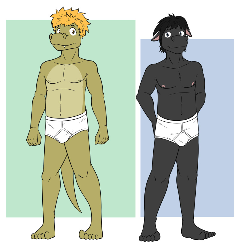 1:1 anthro barefoot black_body black_fur blonde_hair briefs briefs_only clothed clothing detailed_background duo feet fur fuze green_body green_scales hair hi_res male mammal monotone_briefs monotone_clothing monotone_underwear navel nipples reptile scales scalie sharp_teeth smile teeth teeth_showing tighty_whities topless underwear underwear_only white_briefs white_clothing white_underwear y-fronts