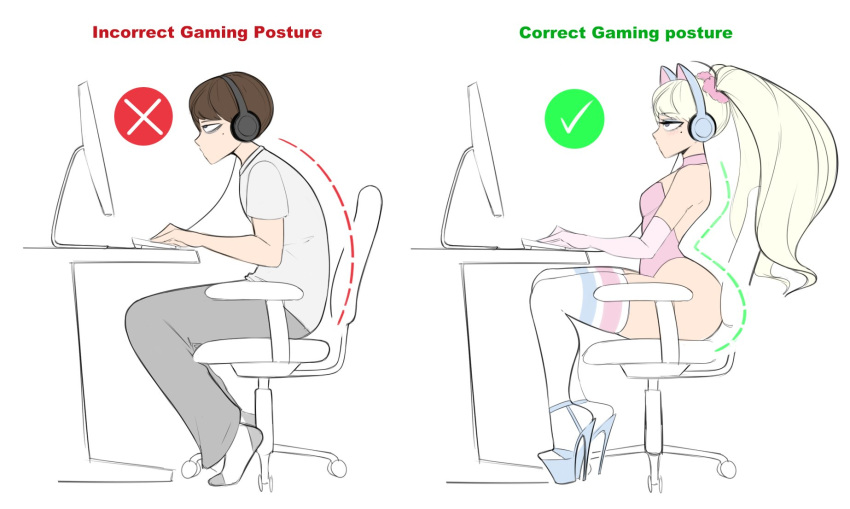 1boy animal_ear_headphones animal_ears ass blonde_hair blue_footwear blue_headphones brown_hair cat_ear_headphones chair correct_gaming_posture_(meme) crossdressing elbow_gloves fake_animal_ears from_side gloves grey_pants headphones high_heels highres leotard long_hair male_focus meme mole mole_under_eye original otoko_no_ko pants pink_gloves pink_leotard sealguy shirt short_hair simple_background sitting t-shirt thick_thighs thighhighs thighs twintails typing white_shirt white_thighhighs