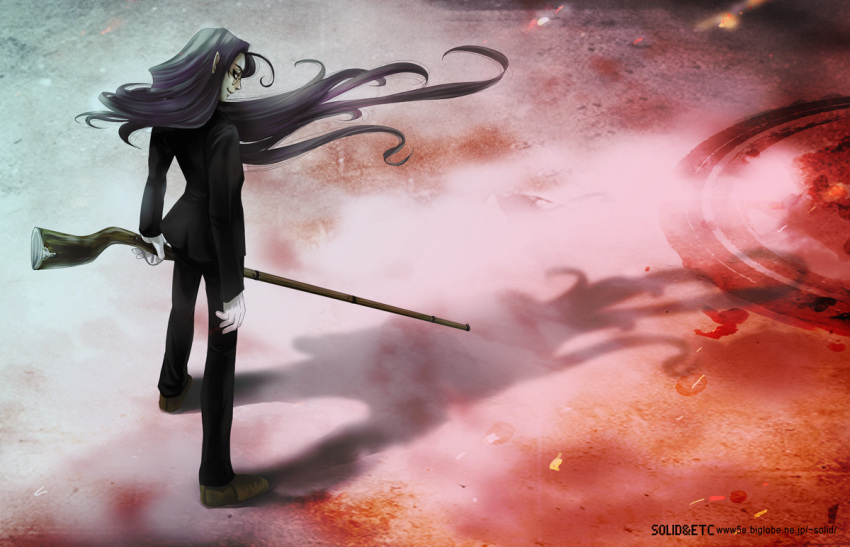 1girl androgynous artist_name black_hair black_jacket black_pantyhose black_suit from_side full_body gloves gun hellsing holding holding_gun holding_weapon jacket long_hair looking_at_viewer pantyhose profile rip_van_winkle shadow solo suit toshimichi_yukari very_long_hair weapon web_address white_gloves