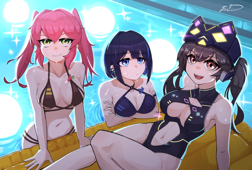 3girls absurdres adapted_costume alternate_costume bikini blue_eyes blue_hair breasts brown_eyes brown_hair cleavage clothing_cutout dillo_(smootharmadillo) duel_monster evil_twin_ki-sikil evil_twin_lil-la green_eyes highres i:p_masquerena inflatable_raft ki-sikil_(yu-gi-oh!) lil-la_(yu-gi-oh!) looking_at_viewer medium_breasts multiple_girls navel navel_cutout night partially_submerged pink_hair pool smile swimsuit twintails underboob yu-gi-oh!