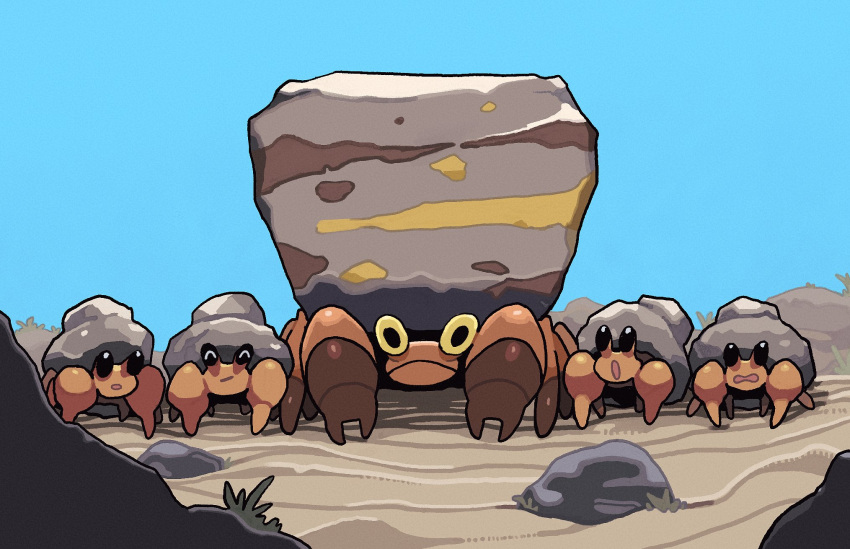 claws closed_mouth commentary_request crustle day desert dwebble frown gogot highres looking_at_viewer no_humans outdoors pokemon pokemon_(creature) rock sand sky