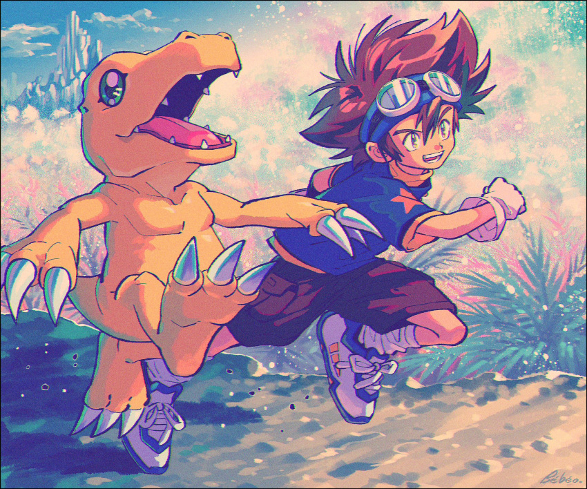 1boy agumon brown_eyes brown_hair claws cloud digimon digimon_(creature) digimon_adventure gloves goggles goggles_on_head highres kwsby_124 male_focus mountain open_mouth outdoors running sharp_teeth shoes short_sleeves shorts signature sky socks spiked_hair star_(symbol) star_print teeth white_gloves white_socks yagami_taichi