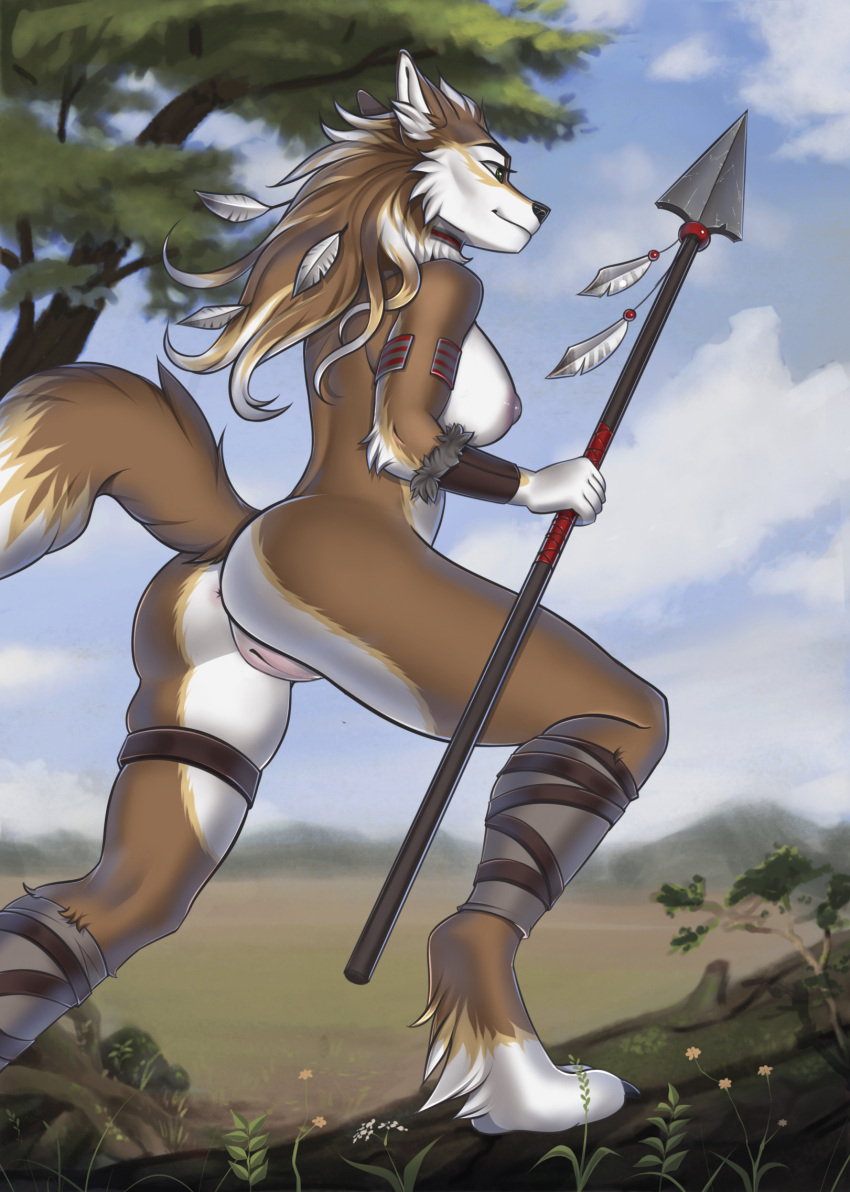 2024 anthro anus areola armwear biped black_nose blue_sky brown_body brown_fur butt canid canine cheek_tuft claws clothing cloud day digital_media_(artwork) eyebrows eyelashes facial_tuft feathers feet female fur genitals grass green_eyes hair hi_res hindpaw holding_object holding_spear holding_weapon inner_ear_fluff legwear long_hair mammal melee_weapon mostly_nude nipples novery outside paws pink_areola pink_nipples plant polearm pussy shaded sky solo spear toe_claws tree tribal tuft weapon white_body white_fur white_inner_ear_fluff