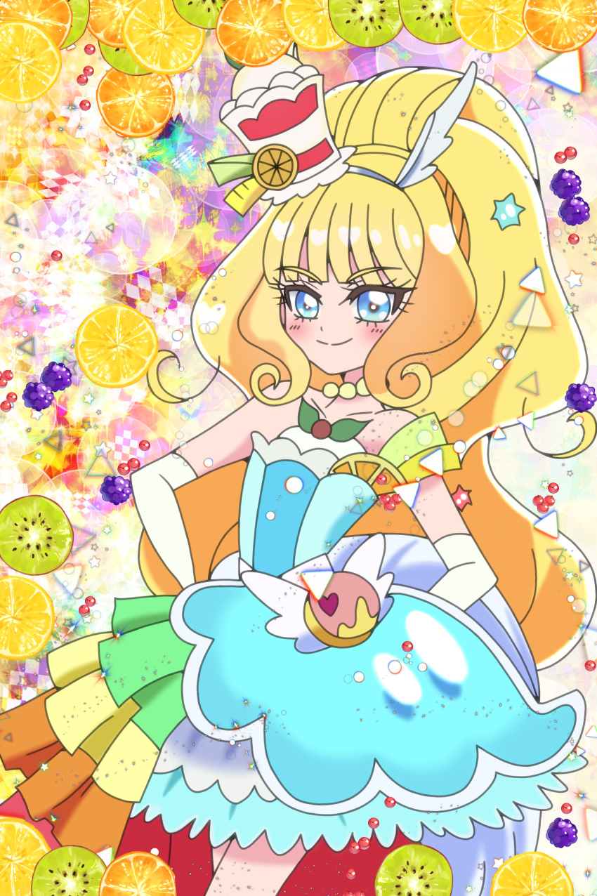 absurdres animal_ears bare_shoulders berry blonde_hair blue_eyes blush choker commentary_request cosplay cowboy_shot cure_finale cure_parfait cure_parfait_(cosplay) delicious_party_precure dress earrings elbow_gloves food food-themed_hair_ornament fruit gloves hair_ornament headband highres hiragizaka_aoi horse_ears jewelry kirakira_precure_a_la_mode kiwi_(fruit) leaf lemon long_hair orange_(fruit) parfait pearl_choker pearl_earrings precure strapless strapless_dress tail white_gloves white_tail white_wings wings