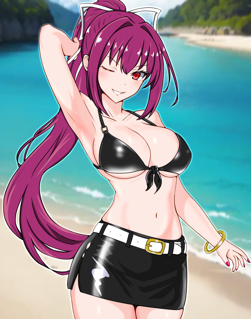 1girl absurdres arm_behind_back bare_shoulders beach bikini bikini_top_only black_bikini black_dress bracelet breasts collarbone dress high_ponytail highres jewelry large_breasts long_hair miniskirt navel purple_hair red_eyes red_nails roy_rx skirt solo swimsuit under_night_in-birth water yuzuriha_(under_night_in-birth)