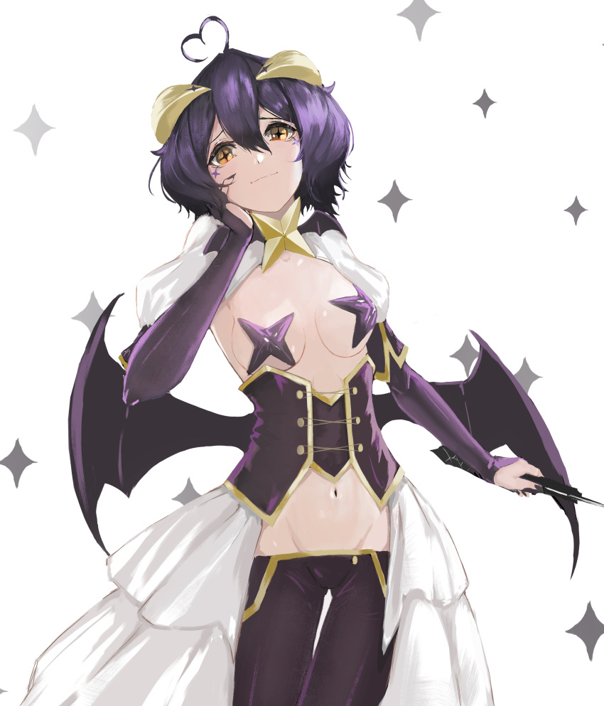 1girl 7senruyy absurdres ahoge bat_brooch black_corset black_hair black_pants black_wings breastless_clothes breasts bridal_gauntlets brooch closed_mouth corset cowboy_shot cross-shaped_pupils demon_wings elbow_gloves forward_facing_horns gloves groin hand_on_own_face highres hiiragi_utena holding_riding_crop horns jewelry looking_at_viewer low_wings lowleg lowleg_pants magia_baiser magical_girl mahou_shoujo_ni_akogarete midriff navel pants pasties short_hair short_sleeves showgirl_skirt shrug_(clothing) small_breasts smile solo standing star_brooch symbol-shaped_pupils white_shrug wings yellow_eyes yellow_horns