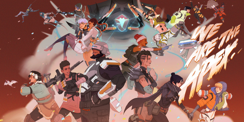 6+boys 6+girls ^_^ a-13_sentry absurdres android apex_legends armor ash_(titanfall_2) assault_visor bangalore_(apex_legends) bat_(animal) beard belt black_bodysuit black_gloves black_hair black_jacket black_lips black_pants black_scarf blonde_hair blue_bodysuit blue_eyes blue_gloves blue_hair blue_jacket blue_leotard bodysuit boots braid breastplate brother_and_sister brown_belt brown_eyes brown_shirt cable carrying catalyst_(apex_legends) chinese_commentary closed_eyes cropped_jacket cropped_vest crossed_arms crypto_(apex_legends) d.o.c._health_drone dark-skinned_female dark-skinned_male dark_skin dongmianyuyu double_bun earrings echo_(apex_legends) eyeshadow facial_hair falling fingerless_gloves flying g7_scout gloves glowing green_vest grey_pants grey_tank_top gun hair_behind_ear hair_bun hand_in_pocket hands_on_own_hips headband helmet high_heel_boots high_heels highres holding holding_gun holding_hands holding_knife holding_stuffed_toy holding_sword holding_weapon hood hood_down hood_up hooded_bodysuit hooded_jacket hooded_leotard humanoid_robot jacket jetpack jewelry jumpsuit knee_pads knife leotard lifeline_(apex_legends) lightning_bolt_symbol loba_(apex_legends) long_hair long_shirt mad_maggie_(apex_legends) makeup mechanical_legs mirage_(apex_legends) multicolored_hair multiple_boys multiple_girls nessie_(respawn) newcastle_(apex_legends) non-humanoid_robot octane_(apex_legends) orange_bodysuit orange_gloves orange_jacket orange_jumpsuit over_shoulder pants parted_lips pathfinder_(apex_legends) pointing pouch princess_carry rampart_(apex_legends) red_background red_eyeshadow red_hair robot running scarf seer_(apex_legends) sheila_(minigun) shirt short_hair shorts siblings simulacrum_(titanfall) single_hair_bun smile smoke streaked_hair stuffed_toy swinging sword tank_top thigh_boots twin_braids undercut valkyrie_(apex_legends) vantage_(apex_legends) vest wattson_(apex_legends) weapon weapon_over_shoulder white_bodysuit white_headband white_jacket white_shorts wraith's_kunai wraith_(apex_legends)