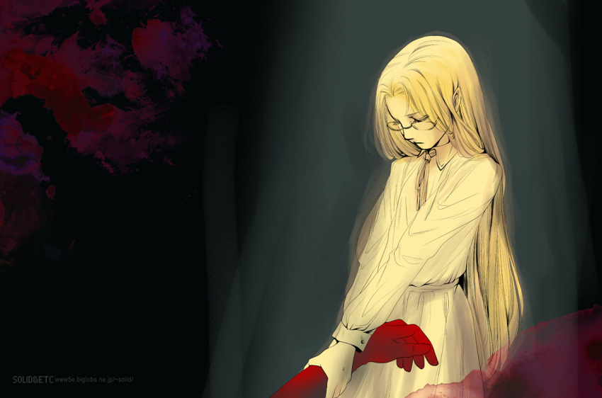 1girl 1other aged_down arm_grab glasses hellsing integra_hellsing limited_palette long_hair looking_down neck_ribbon ribbon skirt toshimichi_yukari