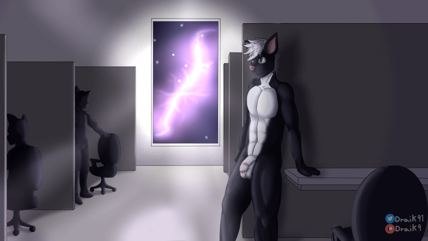 anthro background_character balls canid canine canis chair digital_media_(artwork) draik fur furniture genitals hair hi_res invalid_background male mammal nude office office_chair penis sfw_nudity shaded simple_background smile solo space wolf