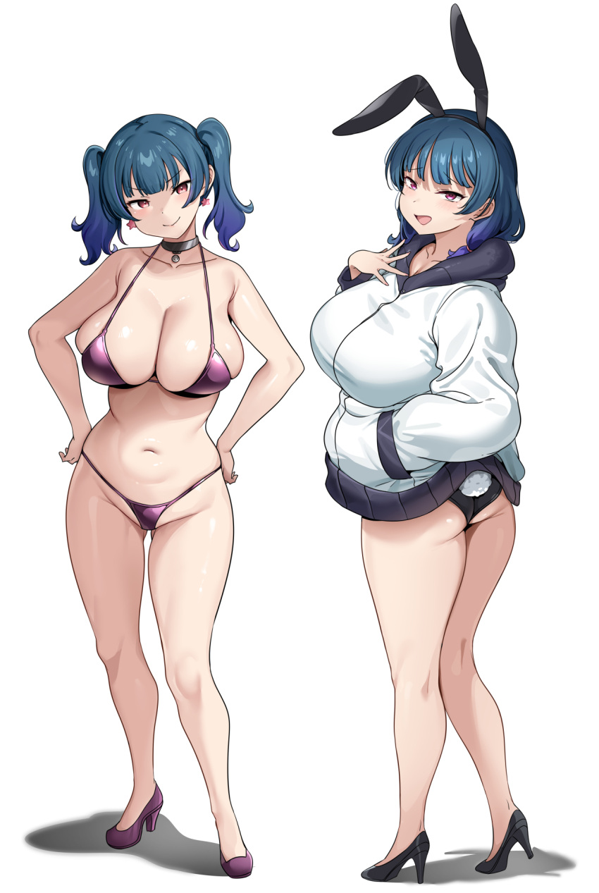 1girl animal_ears ass bikini black_leotard blue_hair breasts cleavage collar earrings fake_animal_ears fake_tail full_body hands_on_own_hips high_heels highres jacket jewelry large_breasts leotard love_live! love_live!_sunshine!! medium_hair navel open_mouth purple_bikini purple_eyes rabbit_ears rabbit_tail simple_background star_(symbol) star_earrings swimsuit tail tem10 thighs tsushima_yoshiko twintails white_background