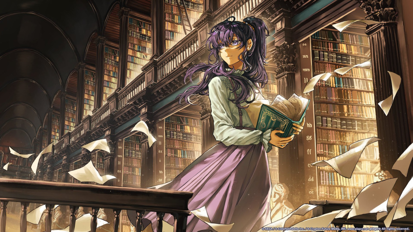 1girl asahina_mafuyu book bookshelf bust_(sculpture) closed_mouth commentary copyright_notice english_commentary frilled_shirt frilled_shirt_collar frilled_sleeves frills green_shirt highres holding holding_book indoors ireland ladder library light_particles long_hair long_skirt long_sleeves looking_afar lux_arts official_art open_book paper pillar project_sekai promotional_art purple_eyes purple_hair purple_skirt real_world_location scenery sculpture second-party_source shirt skirt smile solo standing suspender_skirt suspenders