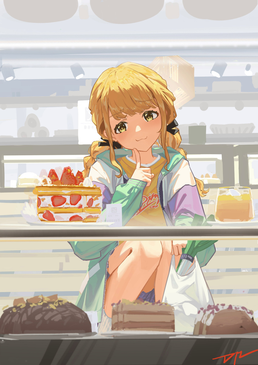 1girl :3 absurdres bag black_bow blonde_hair bow braid cake coat da_tengzi eyelashes finger_to_own_chin food fruit fujita_kotone gakuen_idolmaster hair_bow highres long_hair long_sleeves looking_at_food low_twin_braids multiple_hair_bows plastic_bag shirt sidelocks sleeves_past_wrists solo spring_onion squatting strawberry swept_bangs tareme twin_braids white_coat yellow_eyes yellow_shirt