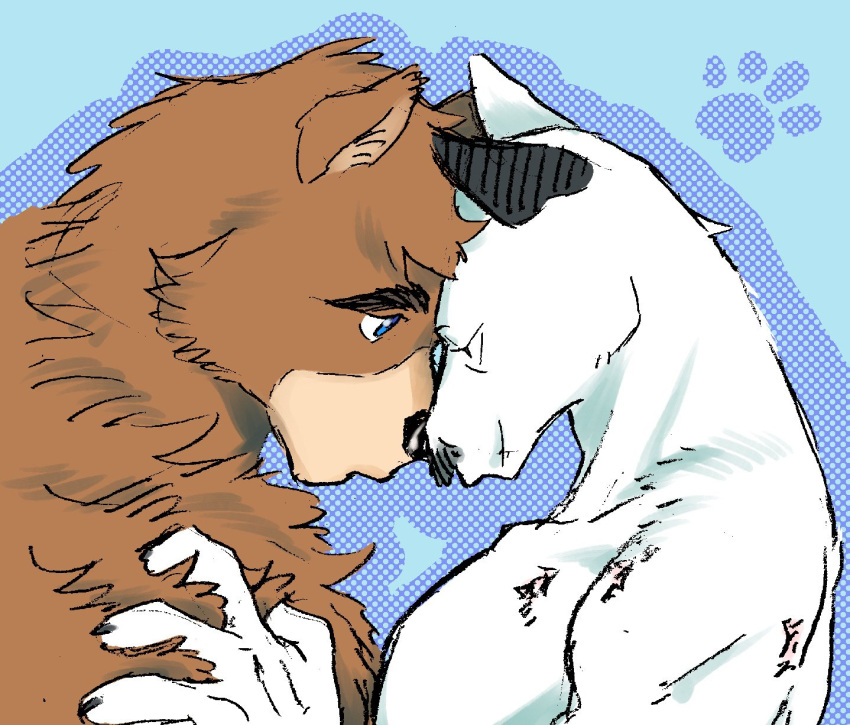 2boys bara bear_boy billy_russell_(dickfish) couple dickfish_(fishismdick) dog_boy eye_contact facial_hair feeling_fur forehead-to-forehead from_side furry furry_with_furry heads_together highres john_rottweil_(dickfish) looking_at_another male_focus mature_male multiple_boys muscular muscular_male mustache nude original profile thick_eyebrows upper_body yaoi