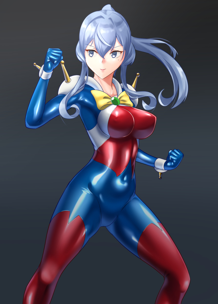 1girl allenby_beardsley allenby_beardsley_(cosplay) black_background blue_bodysuit blue_eyes blue_hair blush bodysuit breasts cosplay cowboy_shot fighting_stance g_gundam gotland_(kancolle) gradient_background gundam hair_between_eyes hair_bun hair_ornament highres kantai_collection large_breasts long_hair looking_at_viewer mobile_trace_suit mole mole_under_eye single_hair_bun skin_tight smile solo wata_nuki