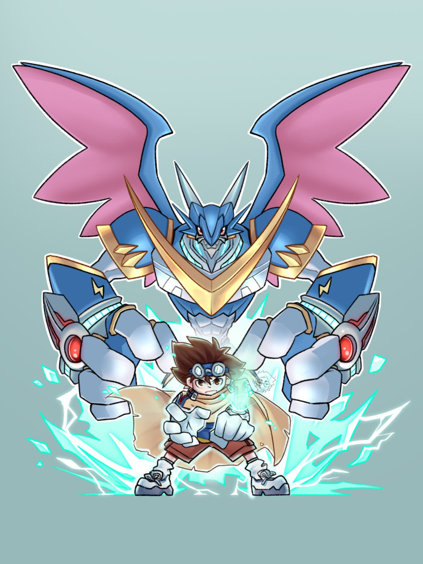 2boys abs armor artist_logo aura blue_headband blue_shirt brown_eyes brown_hair brown_pants cloak digimon digimon_adventure_v-tamer_01 dragon dragon_wings electricity goggles goggles_on_head grey_background headband highres horns jaime_(jai_spt) multiple_boys pants red_eyes shirt simple_background spiked_hair ulforcev-dramon wings yagami_taichi_(digimon_adventure_v-tamer_01) zeromaru_(digimon)